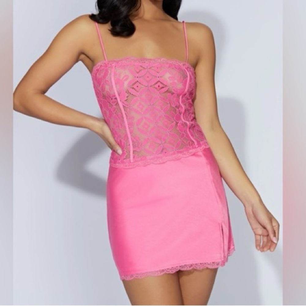 Meshki Hot Pink Lace Slip Mini Dress Size Large Satin Lace Party Date Night